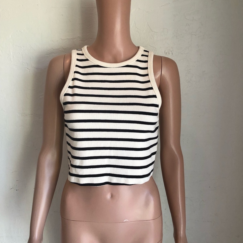 H&M Striped Cropped Tank Top Black/Cream Women’s Size L Sleeveless Shirt Elastic